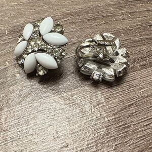 Trifari Vintage Milk Glass and Rhinestone Silver Clip-On Earrings
